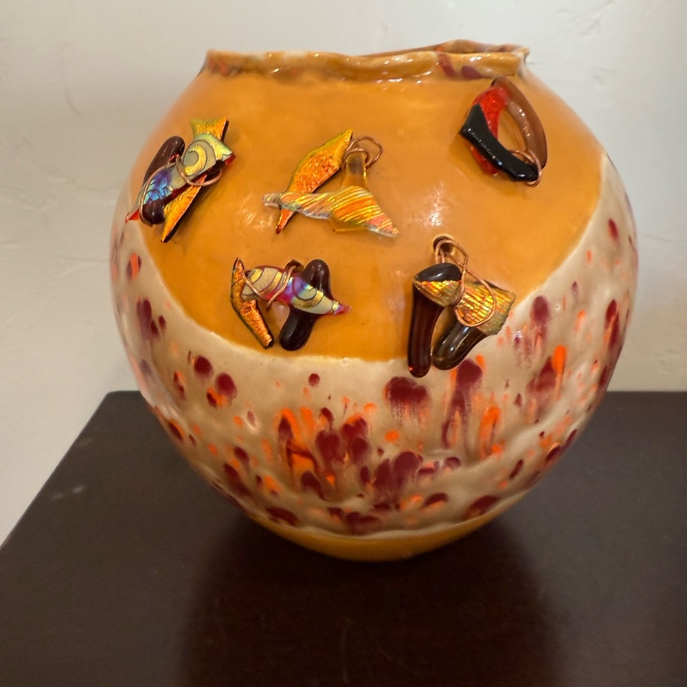art Pottery vase with glass Assessories Accents Ornaments On Wire Glazed Signed